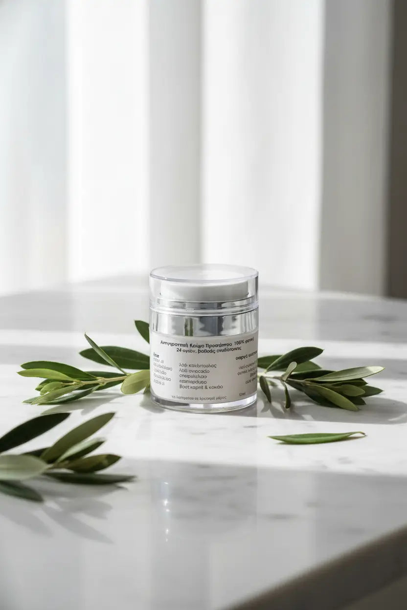 Skincare jar with olive leaves on a marble surface