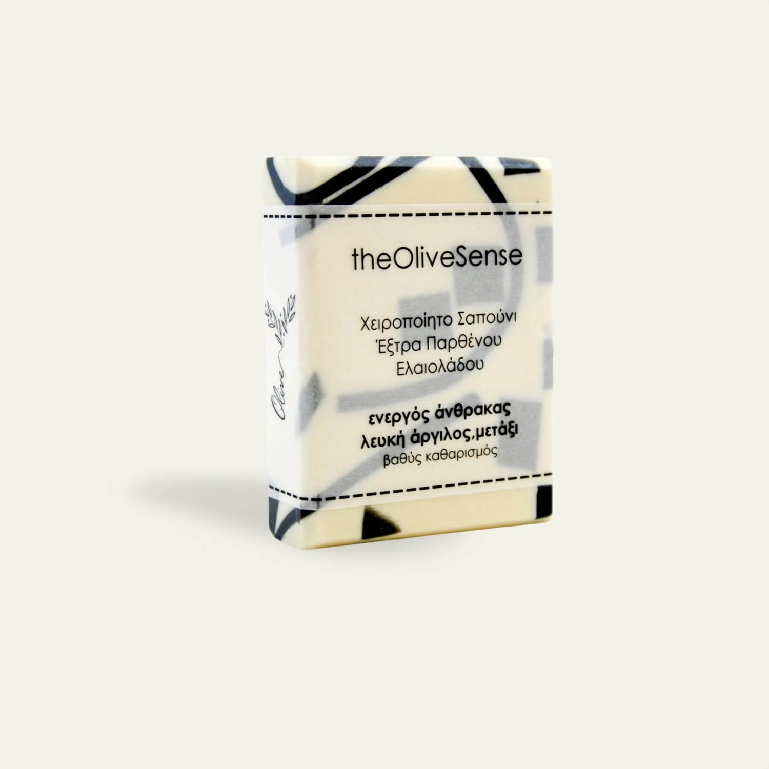 Soap bar with 'theOliveSense' branding on a light background