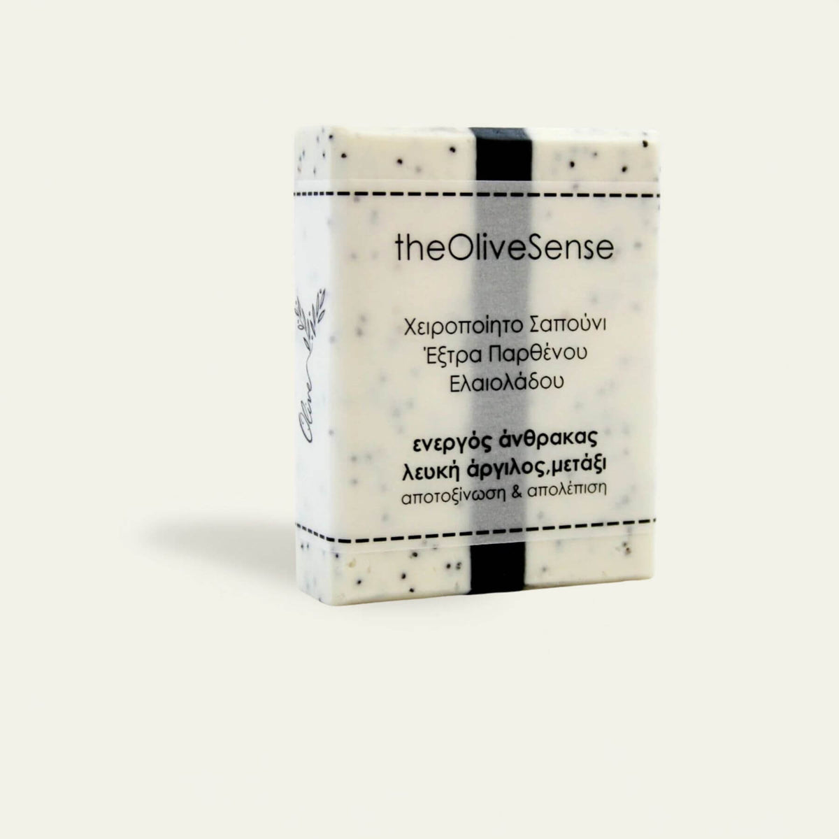 Soap bar with packaging labeled 'theOliveSense' on a white background