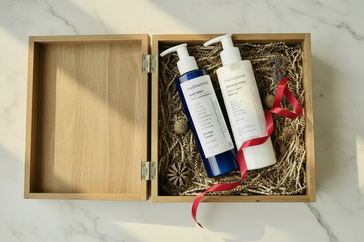 Two skincare products in a wooden box with a red ribbon on a marble surface