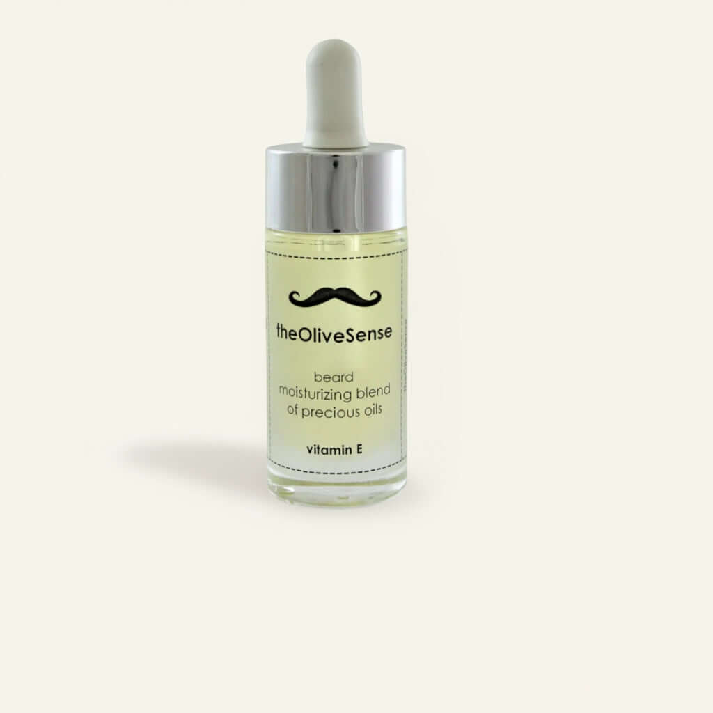 Bottle of 'theOliveSense' beard moisturizing blend on a light beige background