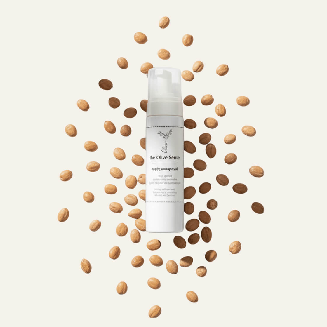 White bottle with a pump dispenser with theOliveSense luxurious handmade cleansing foam combining extra virgin olive oil, Argan oil and silk proteins.
