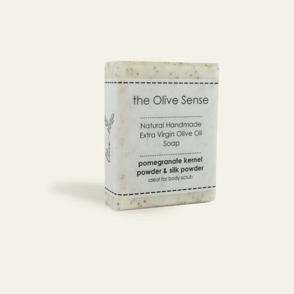 Handmade olive oil soap with pomegranate and silk, antioxidant and rejuvenating.