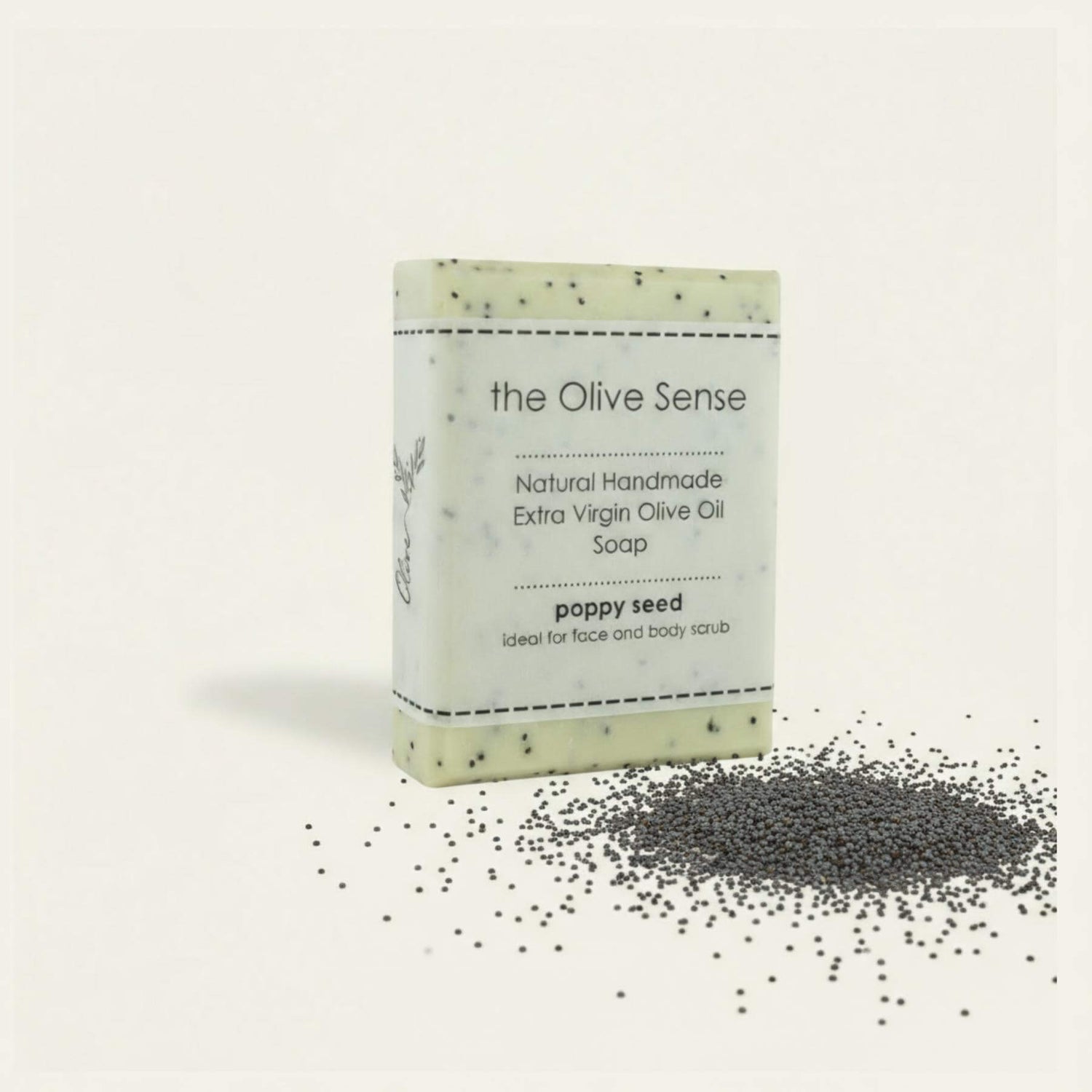 Handmade olive oil soap with poppy seeds, gentle exfoliation, with poppy sededs in front