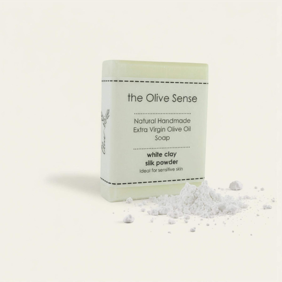 Handmade olive oil soap with white clay and silk, brightening and softening, limited production by theOliveSense