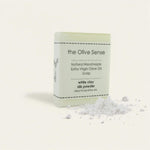 Handmade olive oil soap with white clay and silk, brightening and softening, limited production by theOliveSense