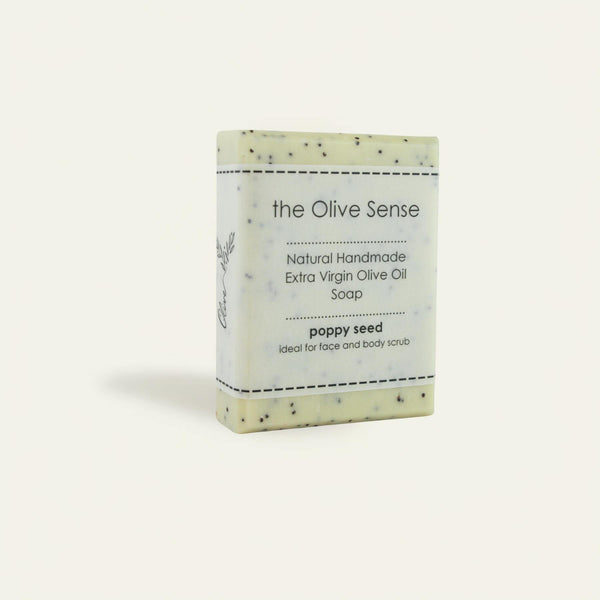 Handmade olive oil soap with poppy seeds, gentle exfoliation, limited production by theOliveSense
