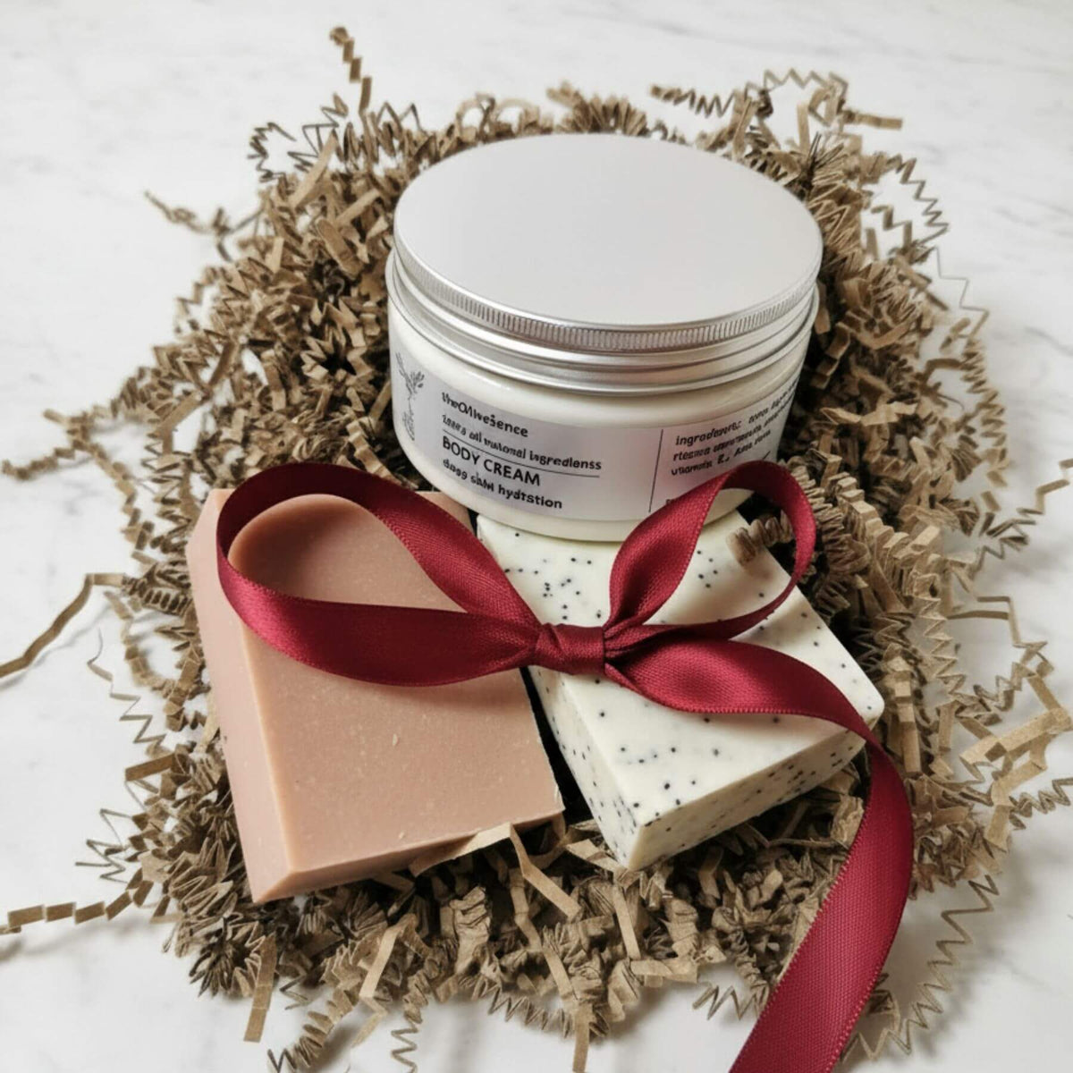 Body cream and soap with a red ribbon on crinkled paper