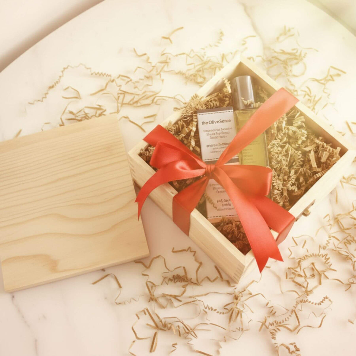 Gift set with skincare products and a red ribbon in a wooden box on a marble surface.