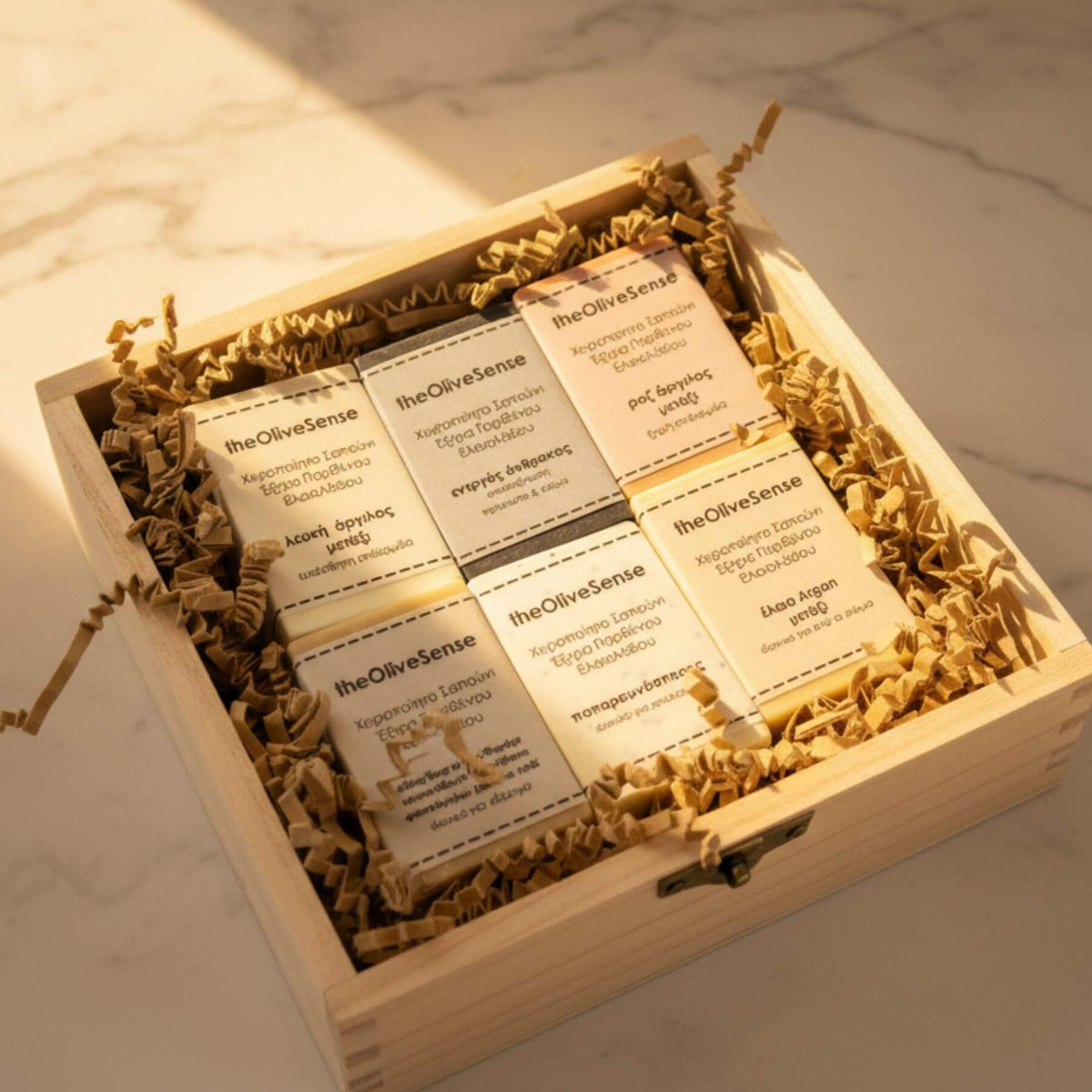 Wooden box with 'theOliveSense' product packaging on a marble surface