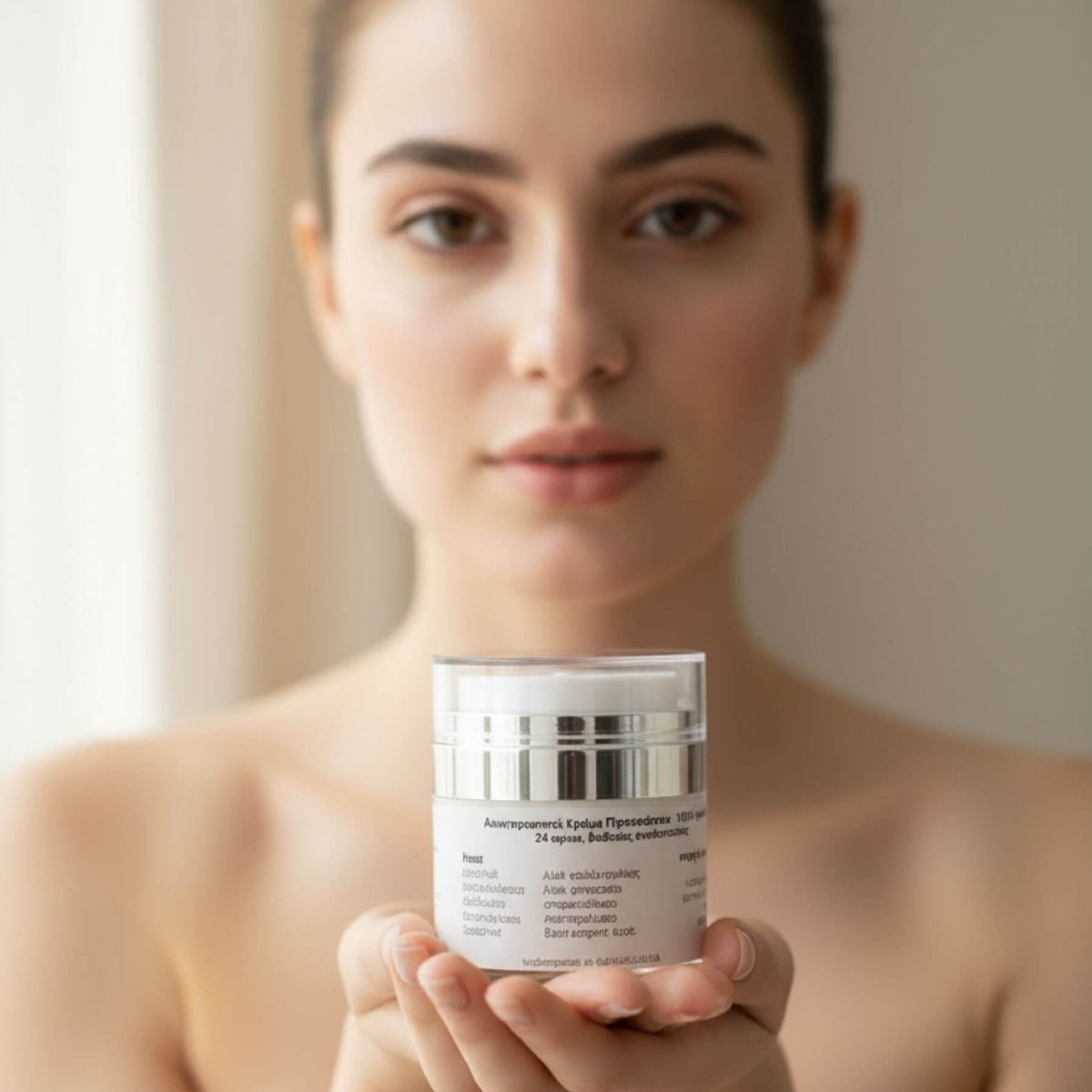Woman holding a skincare product container against a neutral background