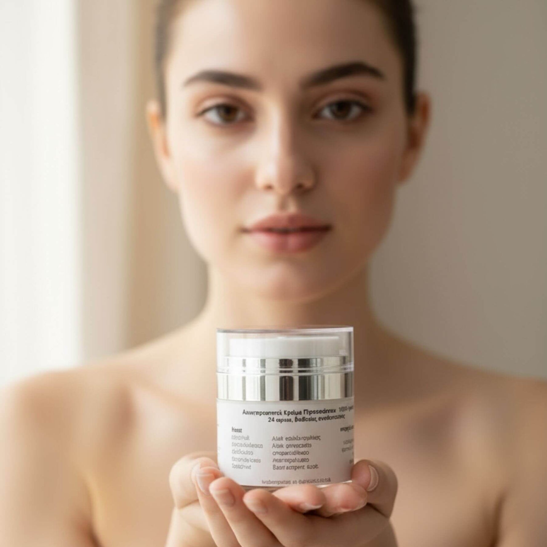 Woman holding a skincare product container against a neutral background