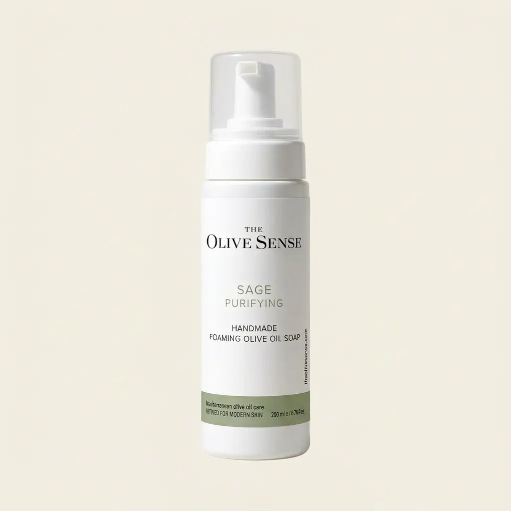 A white pump bottle of The Olive Sense Sage Purifying Handmade Foaming Olive Oil Soap