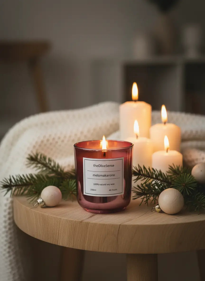Candle with a label on a wooden table surrounded by Christmas decorations.