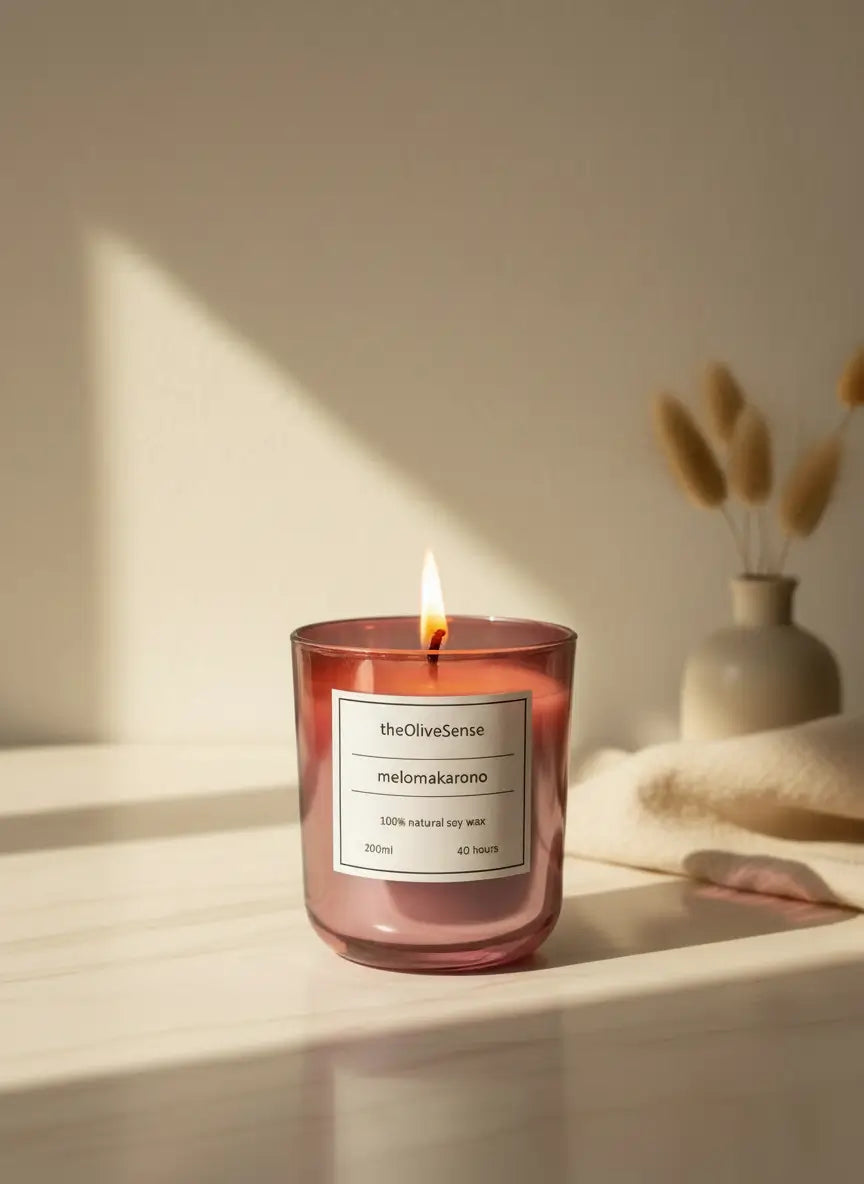 Pink candle with a label on a white surface with a neutral background