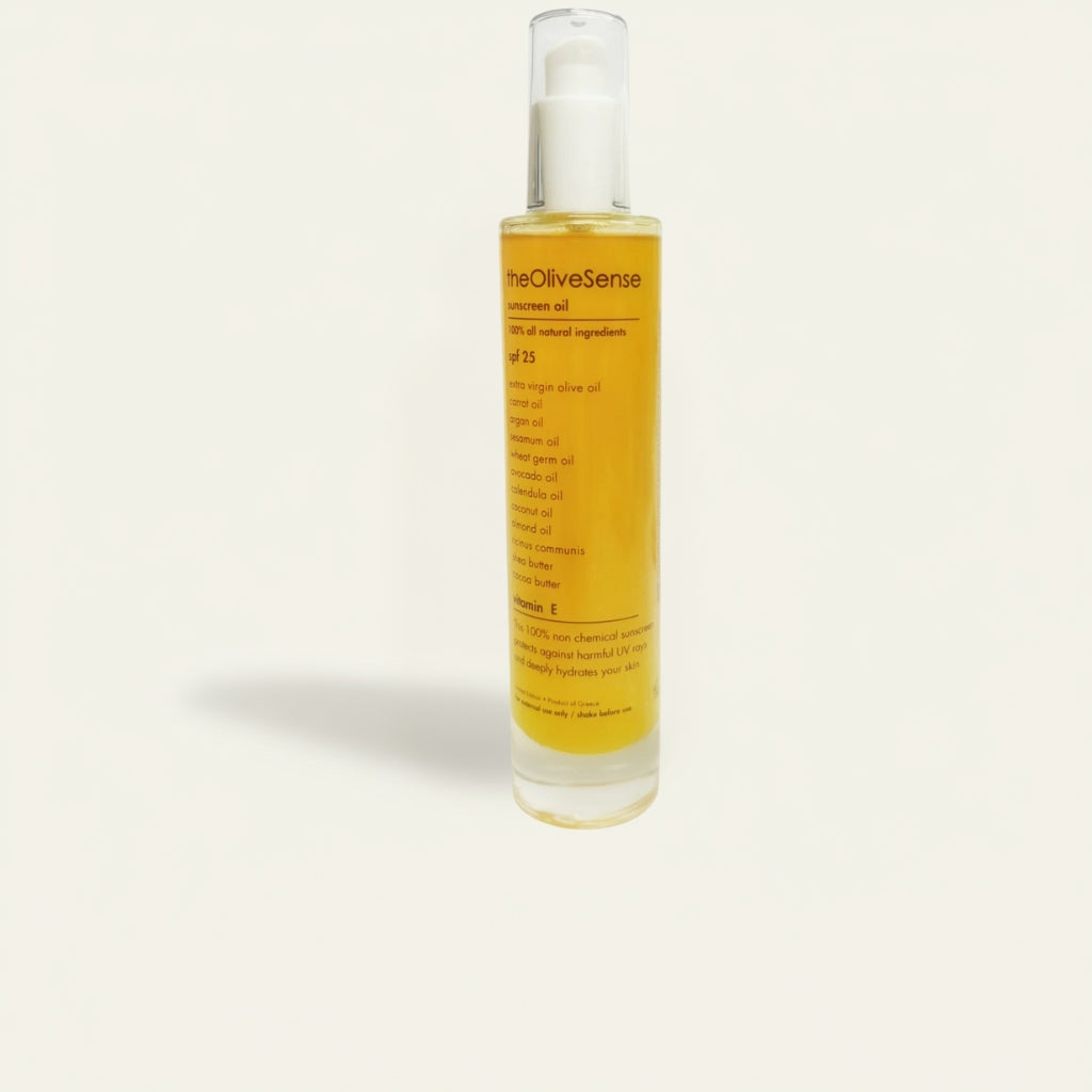 Bottle oThe Olive Sense sunscreen body oil SPF 25, dry-touch, nourishing oils.