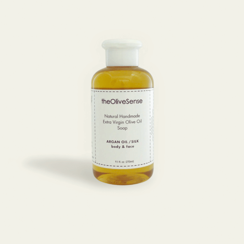 Bottle of natural handmade olive oil liquid soap with argan by theOliveSense