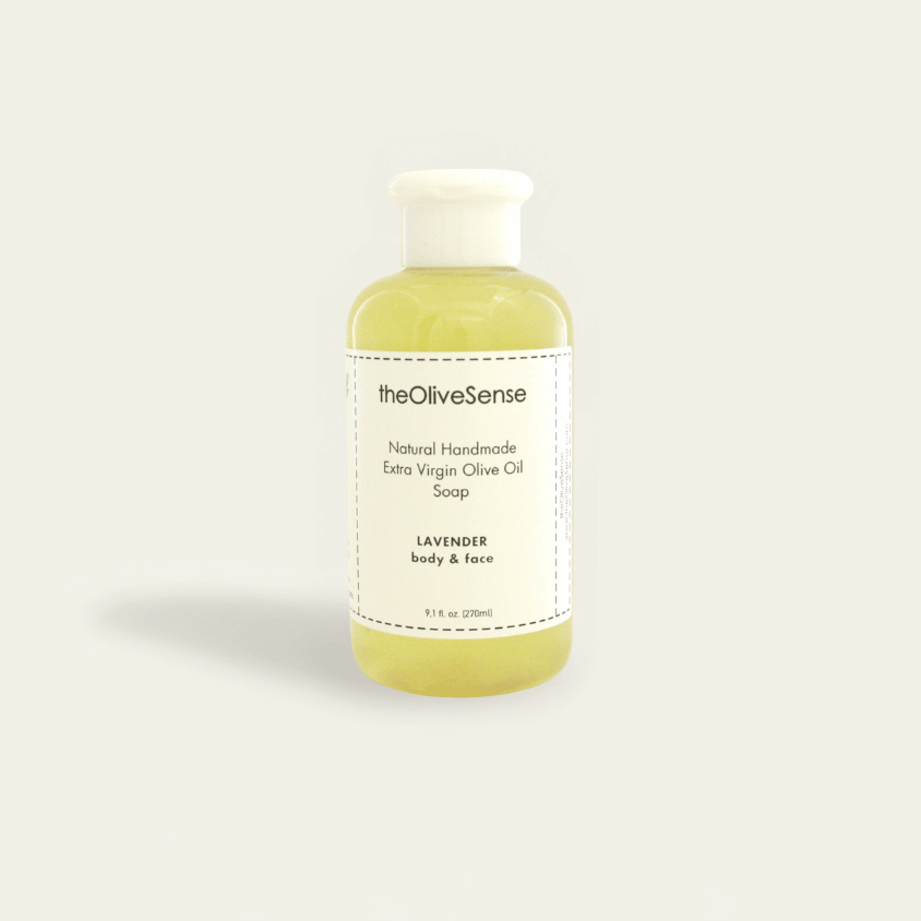 Bottle of natural handmade olive oil soap with Lavender olive oil liquid soap — classic calming aroma with mild cleansing, handmade, free from parabens, SLS/SLES and synthetic dyes