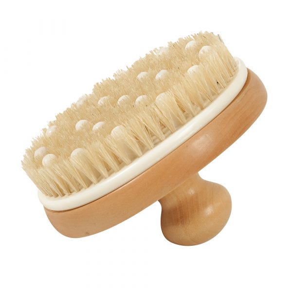 Bathbrush with massage pins and wooden grip