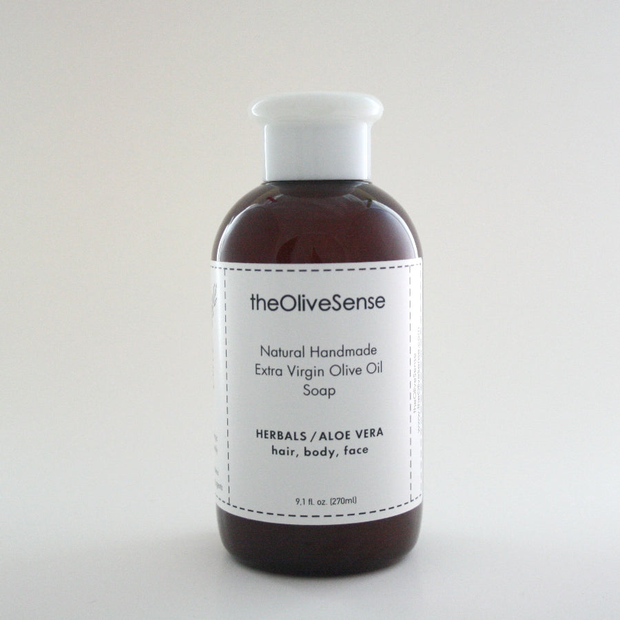 Liquid hand made Olive Oil & precious oils blend soap with Herbs , Aloe Vera, Silk & Vitamin E, 270 ml (discount 50%)
